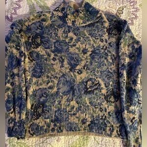 LC Lauren Conrad Blue and Cream Floral Turtleneck Sweater